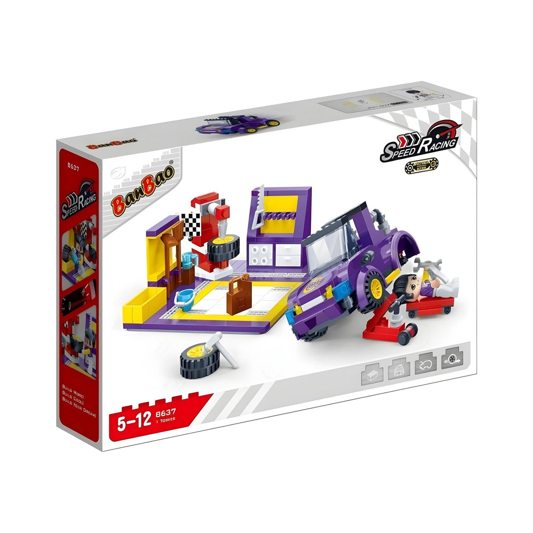 BanBao Speed Racing Car Building Set – 8637 DIY Garage Workshop Kit for Kids Ages 4+ | Includes Race Car, Tools, Tires & Mechanic Figure | STEM Construction Toy | Compatible with Major Brands | Creative Engineering Play for Boys & Girls