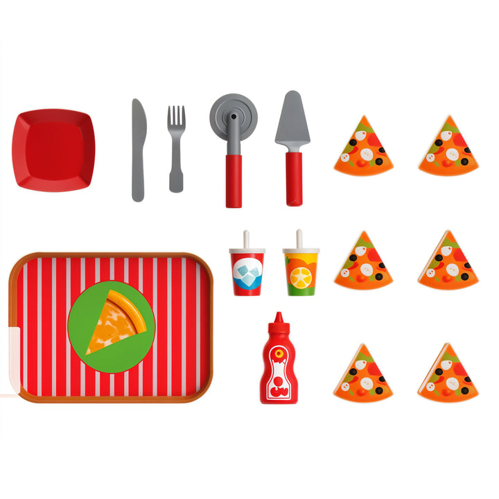Playtive Deluxe Pizza Play Set for Kids – 16-Piece Pretend Food Toy with Slices, Utensils, Cups & Sauce Bottle – Interactive Role Play Cooking Set for Toddlers & Children – Safe, Colorful, and Educational Kitchen Toy for Ages 3+