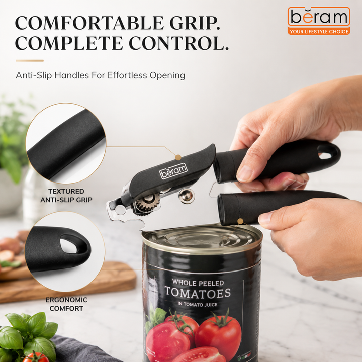 BERAM Manual Can Opener – Heavy-Duty Stainless-Steel Handheld Multi-Opener with Built-In Bottle Opener – Anti-Slip Grip, Large Turn Knob, Black