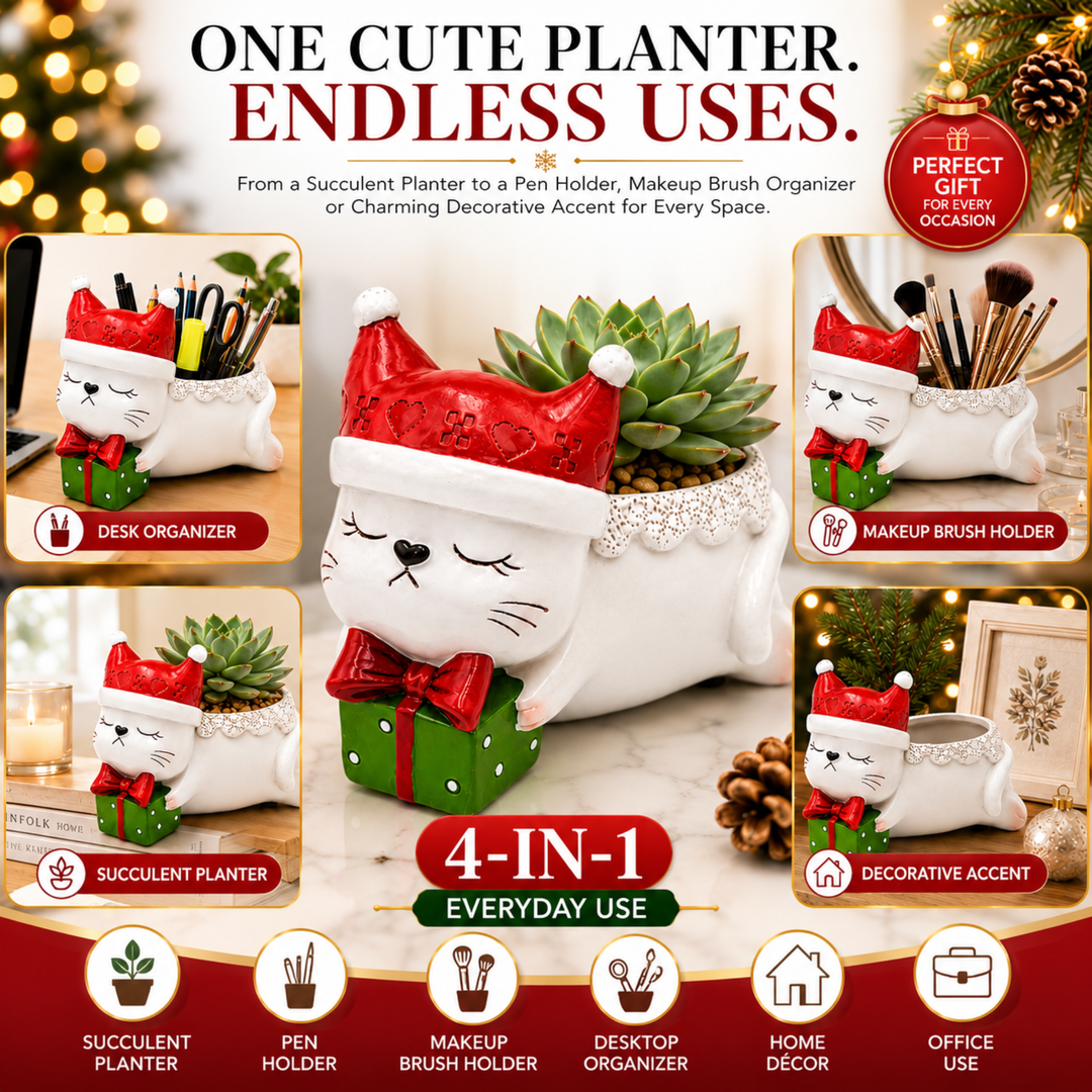 Animal Christmas Flower Pot 4 Pcs Set Rabbit Cat Porcupine Elephant Polyresin Succulent Planter Festive Mini Vase with Santa Hat Gift Box Design Indoor Outdoor Home Office Desk Decor Gift