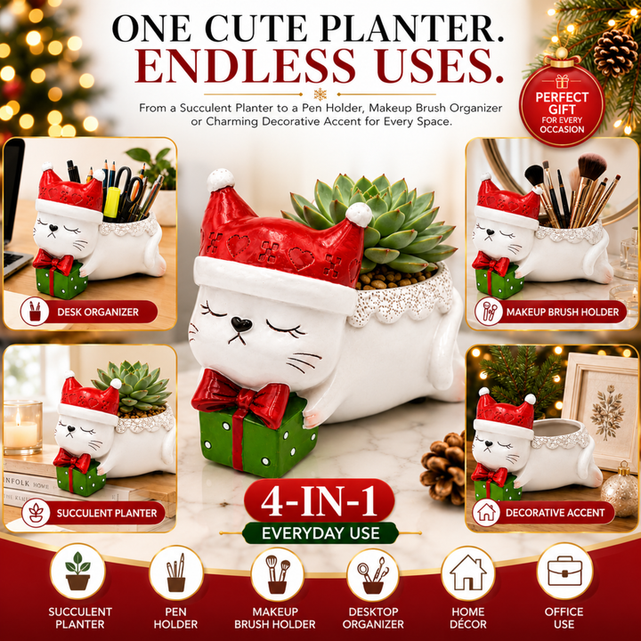 Animal Christmas Flower Pot 4 Pcs Set Rabbit Cat Porcupine Elephant Polyresin Succulent Planter Festive Mini Vase with Santa Hat Gift Box Design Indoor Outdoor Home Office Desk Decor Gift