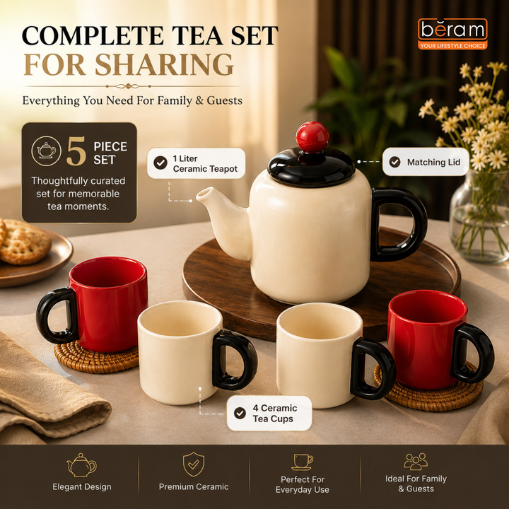 BERAM Ceramic Tea Set 1 Liter Teapot Set with 140ml Cups 6 Pieces Set Removable Stainless Steel Infuser Decorative Tea Set with Gift Packaging Elegant Serveware Tea Party Set Red and White