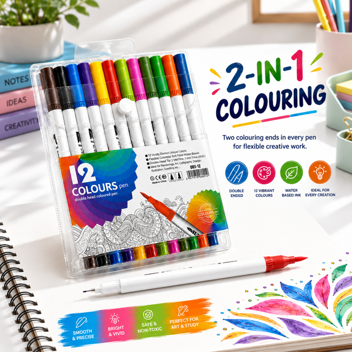 12 Colours Dual Tip Marker Pens Set, Water Based Colouring Pens with 1mm & 2mm Tips, Vibrant Double Head Art Markers for Drawing, Writing, Calligraphy, Illustration, School & Craft