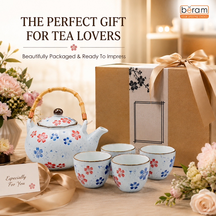 BERAM Porcelain 5 Pieces Tea Set Japanese Inspired Teapots and Cups Wooden Coasters Scratch Resistant Decorative Tea Set with Gift Packaging Multicolor Premium Serveware Home Decor