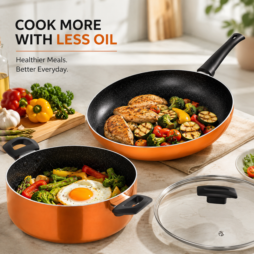 3-Piece Ultra Pressed Aluminium Non-Stick Induction Bottom Cookware Set – 28cm Fry Pan & 26cm Casserole with Lid, Rust Orange Finish, Even Heat Distribution