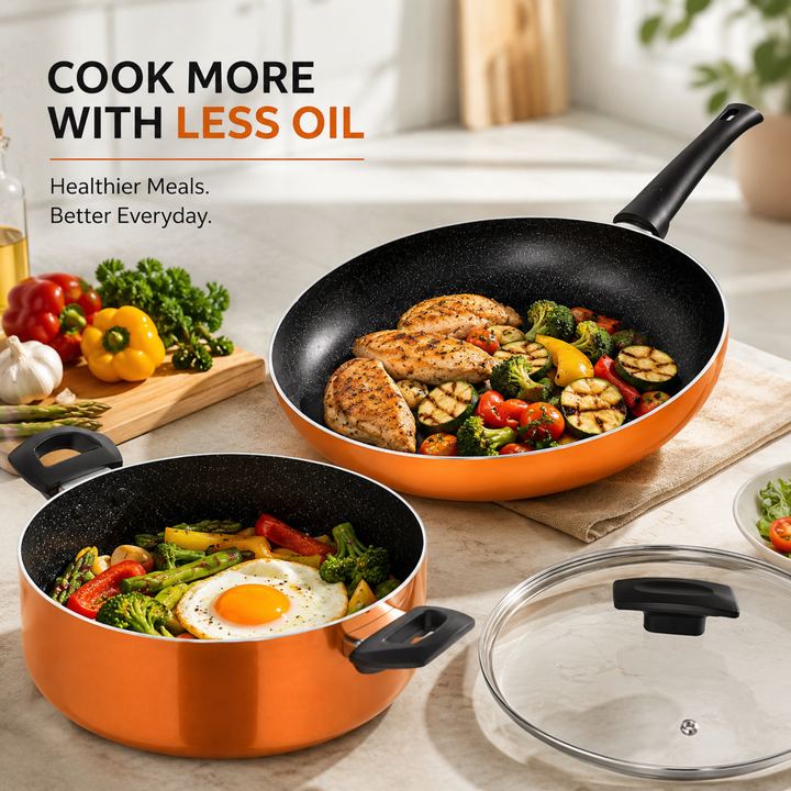 3-Piece Ultra Pressed Aluminium Non-Stick Induction Bottom Cookware Set – 28cm Fry Pan & 26cm Casserole with Lid, Rust Orange Finish, Even Heat Distribution