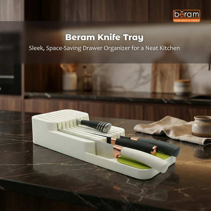 Beram Expandable Kitchen Drawer Utensil Organizer Rack Adjustable Knife & Cutlery Storage Tray Durable PP Material 39.6×13.7×7.5 cm Space-Saving Kitchen Drawer Organizer