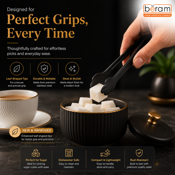 Beram Sugar Tong – Stainless Steel Mini Tongs for Sugar Cubes Ice Snacks & Tea Parties – Durable Rust-Resistant Leaf Design