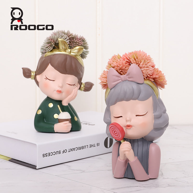 Beram Charming Figurine Set Green Pink Grey Polyresin Decorative Flower Vase Cute Girl Succulent Pot Modern Indoor Home Office Table Decor Propagator Kit Gift Set