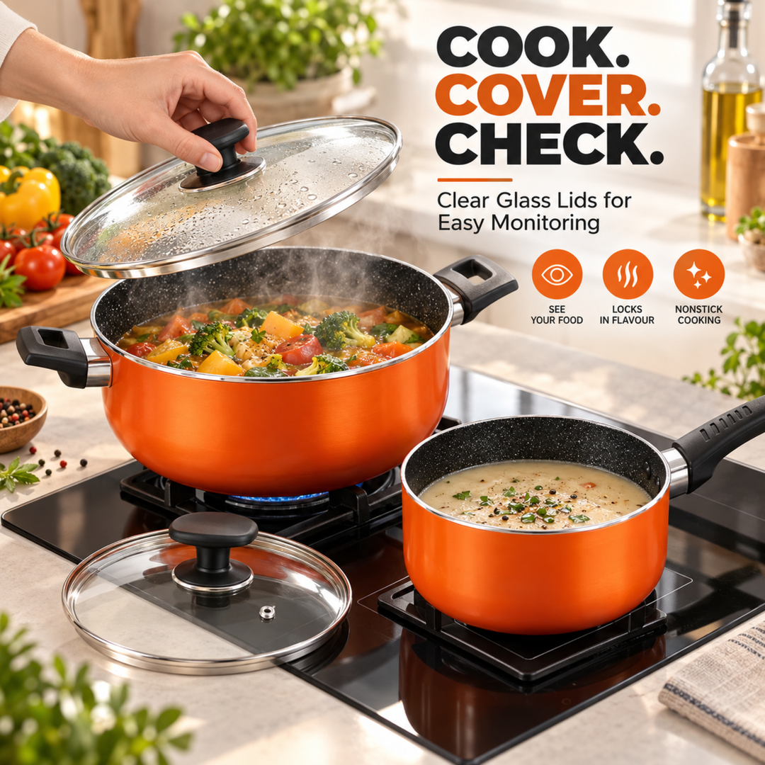 BERGNER ULTRA 8PCS COOKWARE SET, PRESSED ALUMINUM COOKING SET, INDUCTION BOTTOM COOKWARE, MARBLE+ NON-STICK COATING COOKING POTS, SUITABLE FOR ALL STOVES, METALIC ORANGE COLOR