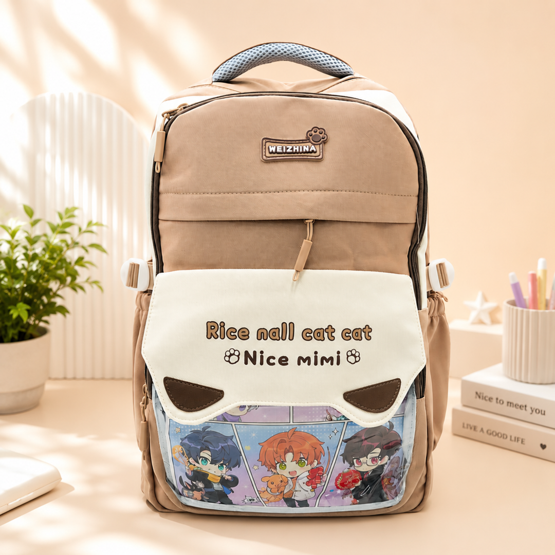 Mimi Meow School Backpack, Cute Cat Water-Resistant Student Backpack with Front Pocket, Lightweight Large Capacity School Bag with Side Bottle Pockets for School & Travel