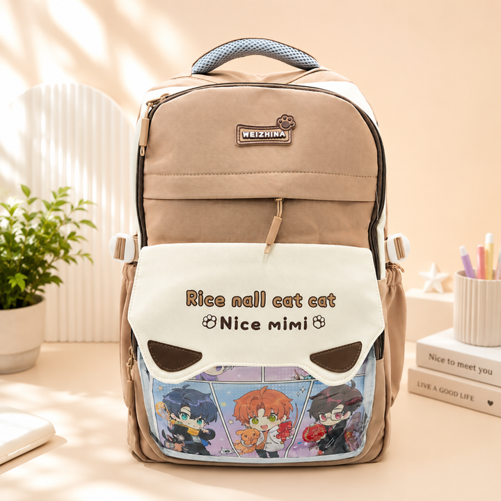 Mimi Meow School Backpack, Cute Cat Water-Resistant Student Backpack with Front Pocket, Lightweight Large Capacity School Bag with Side Bottle Pockets for School & Travel