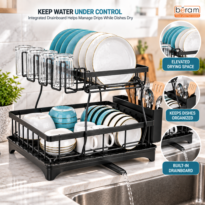 BERAM 2-Tier Stainless Steel Dish Drying Rack – Rust-Resistant Kitchen Organizer with Utensil Holder & Drainboard for Countertop Storage – Black