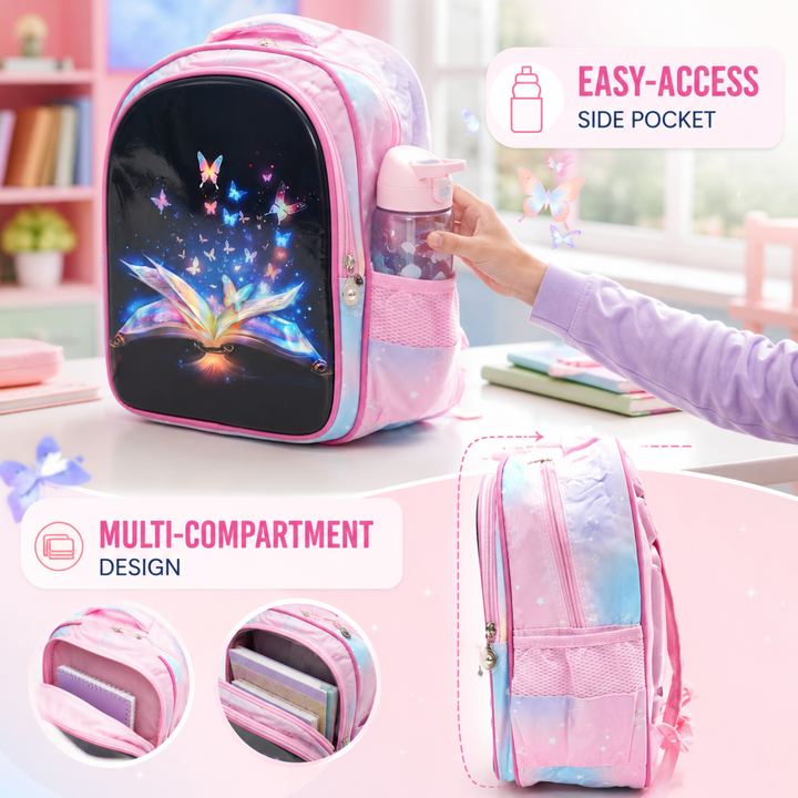 3D-Effect Printed School Backpack – Spacious Multi-Compartment School Bag with Front Zipper Pocket, 2 Side Bottle Pockets, Top Handle, Lightweight Design & Stylish Front Graphic