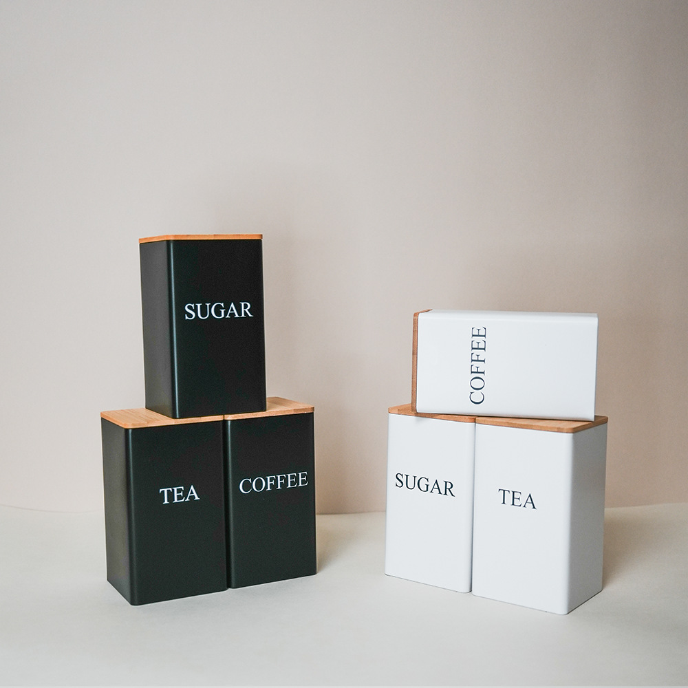 BERAM Metal Tea Coffee Sugar Container Set with Bamboo Lid Airtight Kitchen Storage Jars for Home and Kitchen Tea Box and Coffee Beans Container Set Modern Home Improvement Canisters
