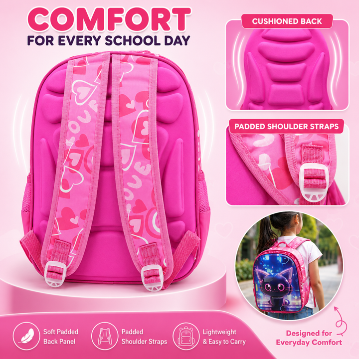 3D-Effect Printed School Backpack – Spacious Multi-Compartment School Bag with Front Zipper Pocket, 2 Side Bottle Pockets, Top Handle, Lightweight Design & Stylish Front Graphic