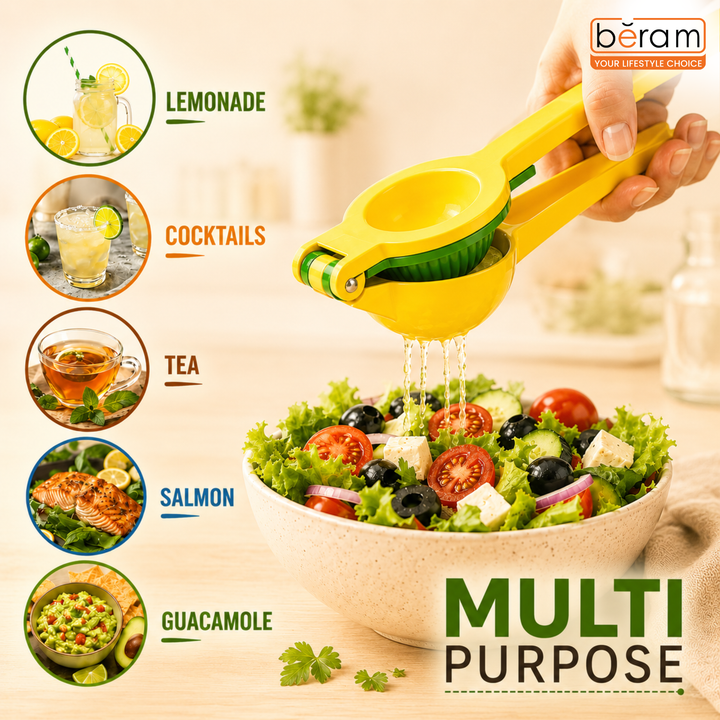 BERAM Lemon Lime Squeezer, 2 in 1, Heavy Duty Metal, Manual Hand Juicer Press for Citrus Fruit, No Pulp or Seeds, Dishwasher Safe, Premium Quality Juicing Kitchen Tool