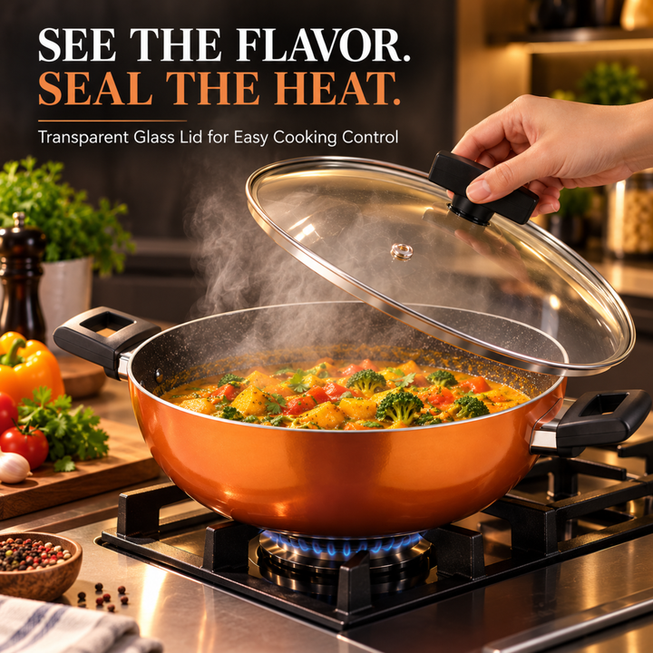 3-Piece Colored Cookware Set with Glass Lids – Premium Stainless Steel & Forged Aluminium, Non-Stick Coating, Ergonomic Bakelite Handles, Even Heat Distribution, Durable & Rust-Resistant Kitchen Pots