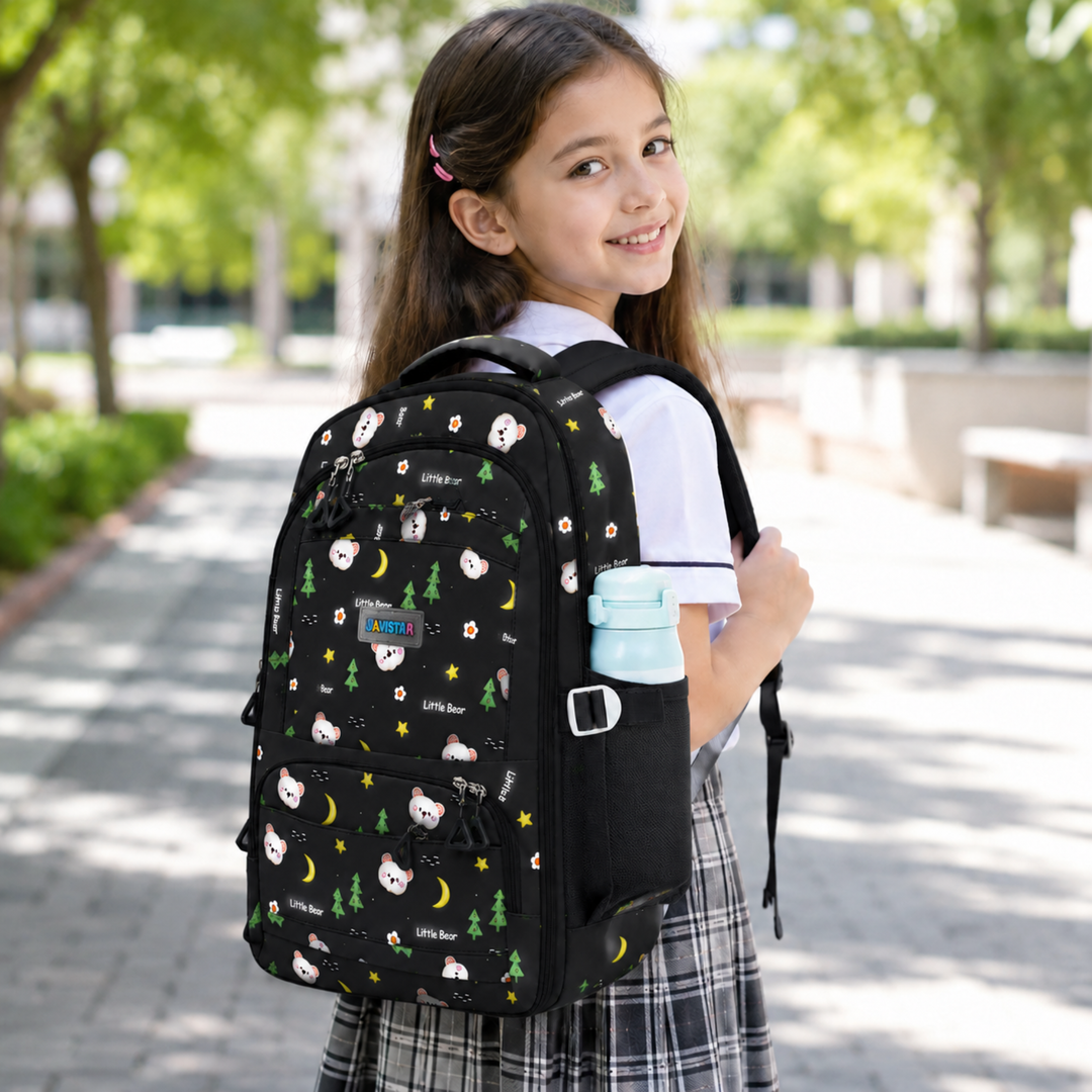 2 Piece Bear Bloom School Backpack and Insulated Lunch Bag Combo Set, Black & Green | Spacious School Bag with Matching Lunch Bag, Multiple Compartments for School, Travel, Office and Daily Use