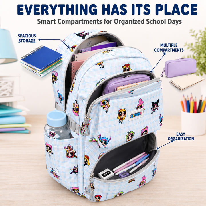 Powerpals School Bag, Lightweight Backpack with Multiple Compartments, Front Utility Pocket, Side Bottle Pockets & Adjustable Shoulder Straps