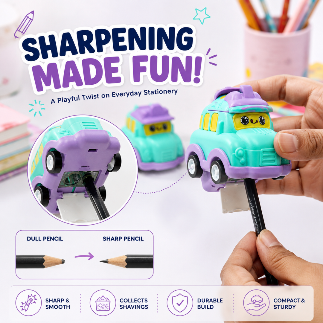 Car Shaped Pencil Sharpener, Cute Vehicle Design Pencil Sharpener, Compact Manual Pencil Sharpener for Students, School, Office, Drawing, Sketching, Writing and Everyday Stationery