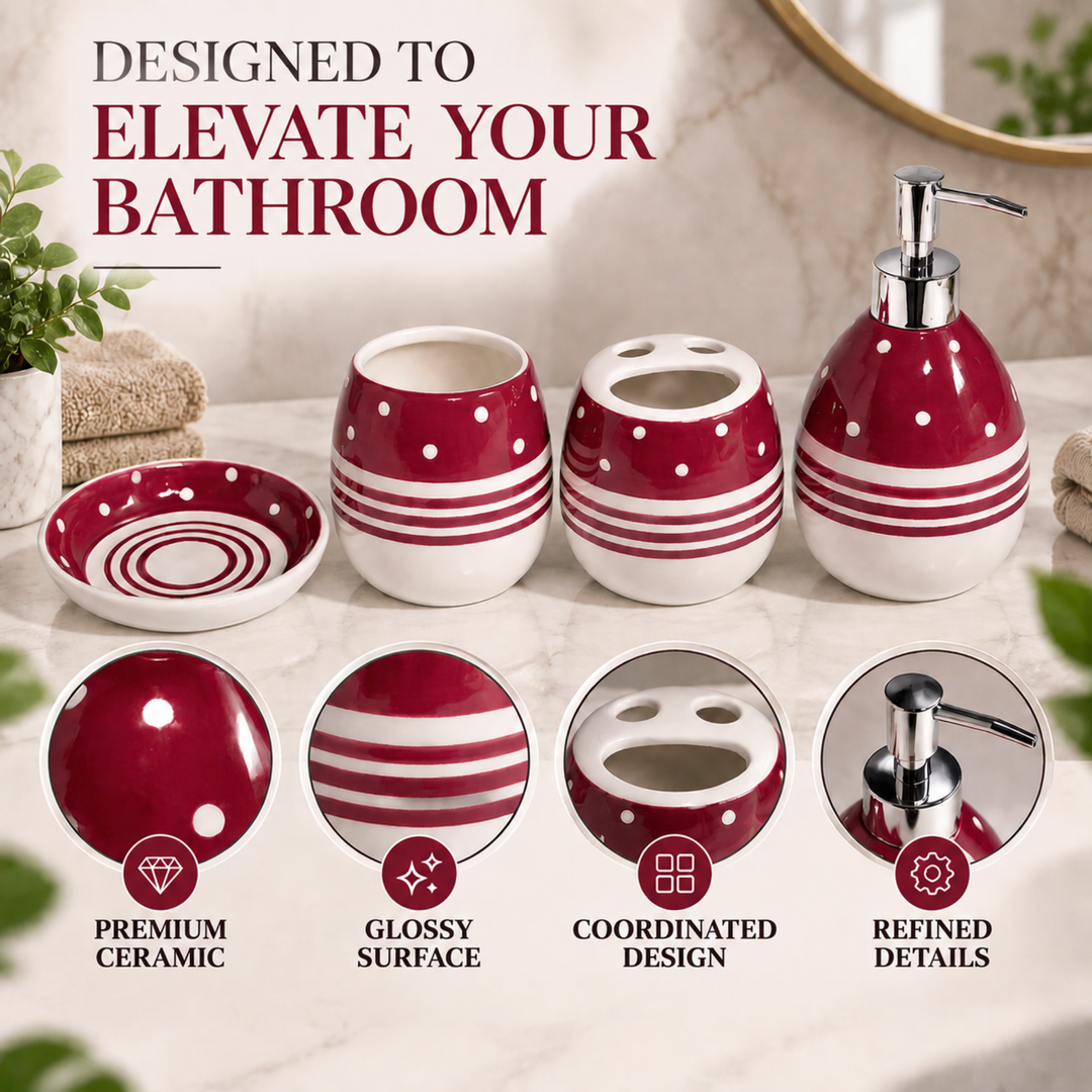 4-Piece Red & White Ceramic Bathroom Accessory Set with Soap Dispenser, Toothbrush Holder, Tumbler & Soap Dish, Polka Dot & Striped Design
