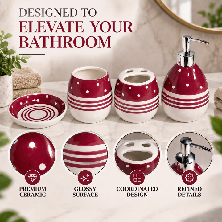 4-Piece Red & White Ceramic Bathroom Accessory Set with Soap Dispenser, Toothbrush Holder, Tumbler & Soap Dish, Polka Dot & Striped Design