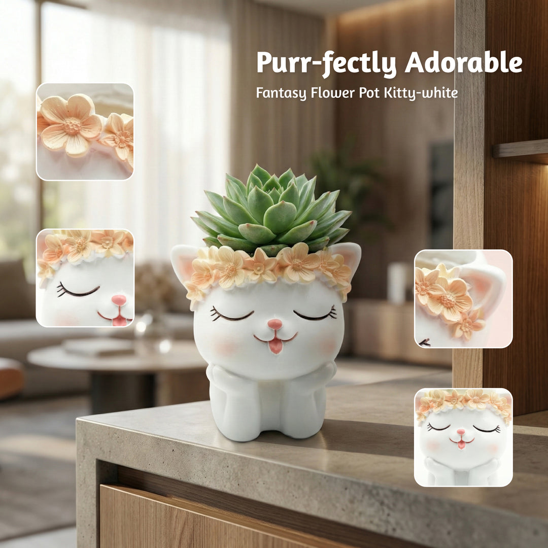 Fantasy 2PCS Flower Pot Set Kitty and Panda Polyresin Cute Animal Succulent Planters with Flower Crown Decorative Mini Vase Indoor Outdoor Home Office Desk Decor Pen Pencil Holder Propagator Kit