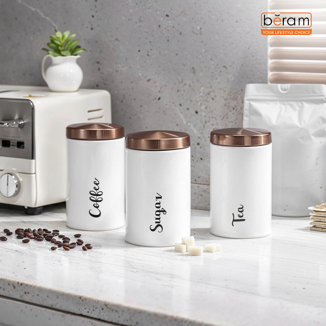BERAM Metal Tea Coffee Sugar Container Set with Bamboo Lid Airtight Kitchen Storage Jars for Home and Kitchen Tea Box and Coffee Beans Container Set Modern Home Improvement Canisters