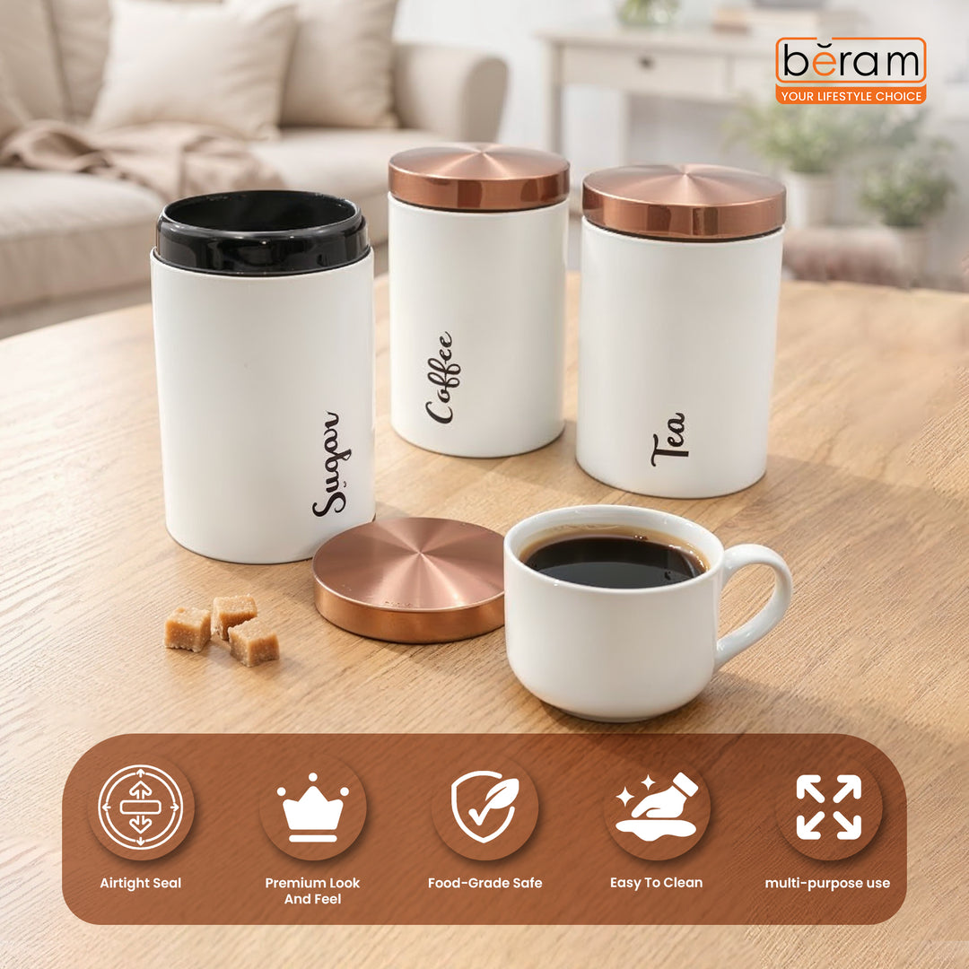 BERAM Metal Tea Coffee Sugar Container Set with Bamboo Lid Airtight Kitchen Storage Jars for Home and Kitchen Tea Box and Coffee Beans Container Set Modern Home Improvement Canisters