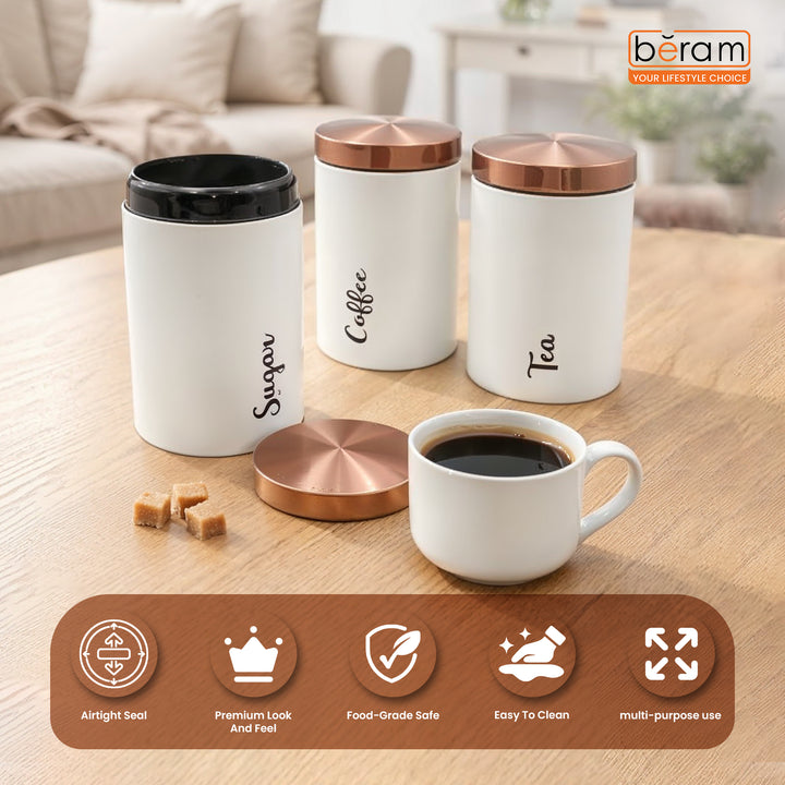 BERAM Metal Tea Coffee Sugar Container Set with Bamboo Lid Airtight Kitchen Storage Jars for Home and Kitchen Tea Box and Coffee Beans Container Set Modern Home Improvement Canisters