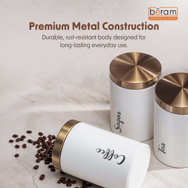BERAM Metal Tea Coffee Sugar Container Set with Bamboo Lid Airtight Kitchen Storage Jars for Home and Kitchen Tea Box and Coffee Beans Container Set Modern Home Improvement Canisters