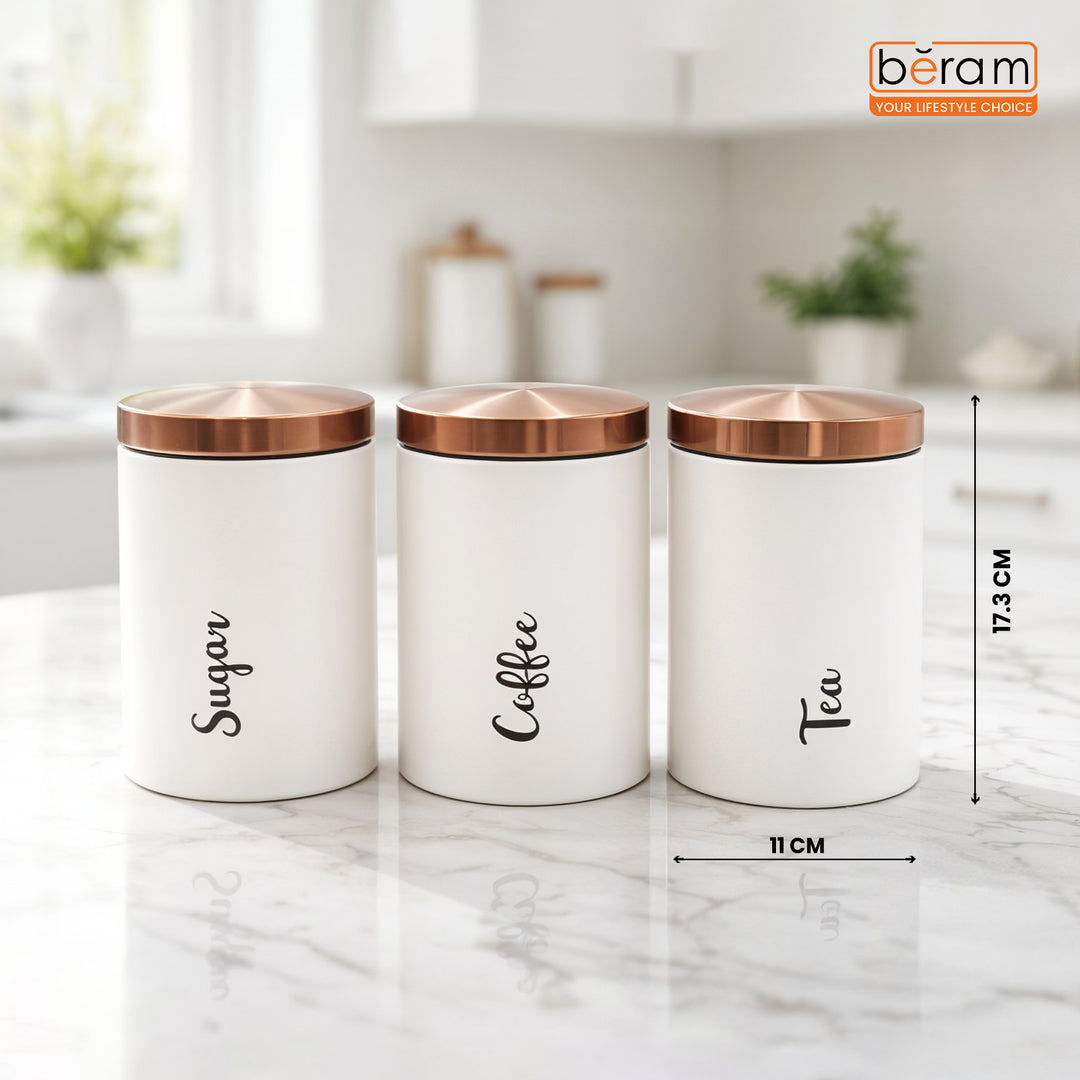 BERAM Metal Tea Coffee Sugar Container Set with Bamboo Lid Airtight Kitchen Storage Jars for Home and Kitchen Tea Box and Coffee Beans Container Set Modern Home Improvement Canisters