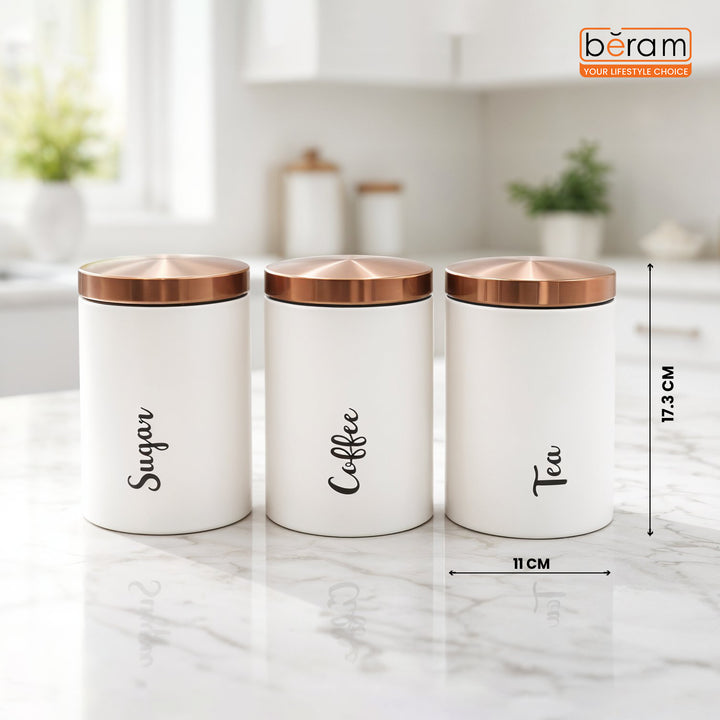 BERAM Metal Tea Coffee Sugar Container Set with Bamboo Lid Airtight Kitchen Storage Jars for Home and Kitchen Tea Box and Coffee Beans Container Set Modern Home Improvement Canisters
