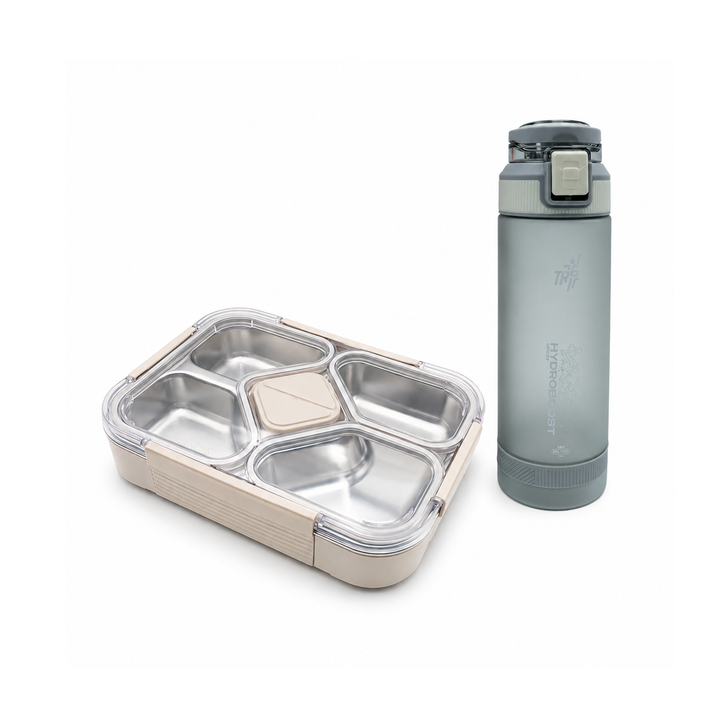 Beram Stainless Steel Lunch Box 1020ml 4 Compartment Insulated Bento with Tableware and TR6 Tritan Water Bottle 790ml BPA Free Leakproof Combo for School Office Travel