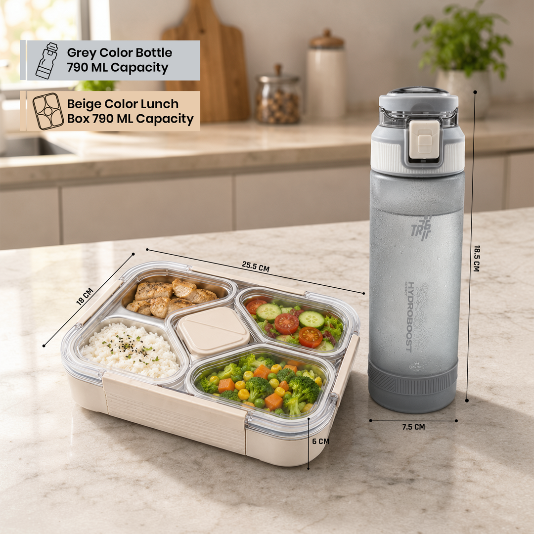Beram Stainless Steel Lunch Box 1020ml 4 Compartment Insulated Bento with Tableware and TR6 Tritan Water Bottle 790ml BPA Free Leakproof Combo for School Office Travel