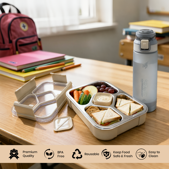 Beram Stainless Steel Lunch Box 1020ml 4 Compartment Insulated Bento with Tableware and TR6 Tritan Water Bottle 790ml BPA Free Leakproof Combo for School Office Travel