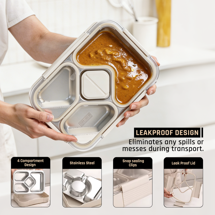 Beram Stainless Steel Lunch Box 1020ml 4 Compartment Insulated Bento with Tableware and TR6 Tritan Water Bottle 790ml BPA Free Leakproof Combo for School Office Travel