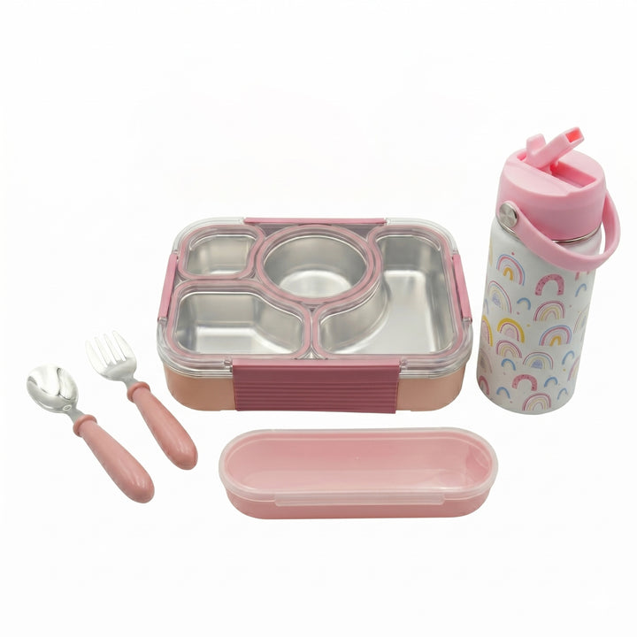 Beram Kids Office Lunch Combo Set Stainless Steel Thermal Water Bottle 500ml 4 Compartment Bento Lunch Box Kids Spoon Fork Cutlery Set BPA Free Leakproof