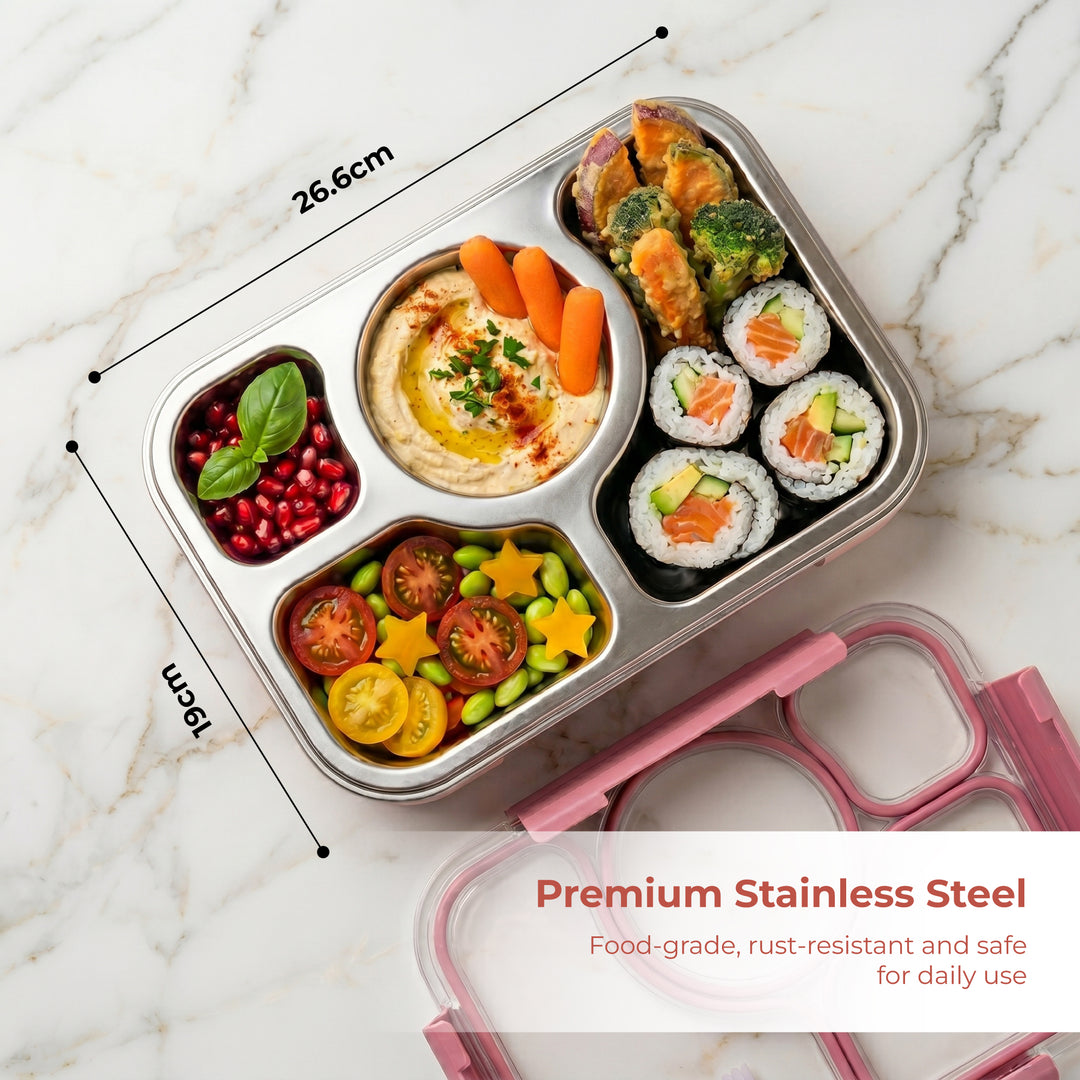 Beram Kids Office Lunch Combo Set Stainless Steel Thermal Water Bottle 500ml 4 Compartment Bento Lunch Box Kids Spoon Fork Cutlery Set BPA Free Leakproof