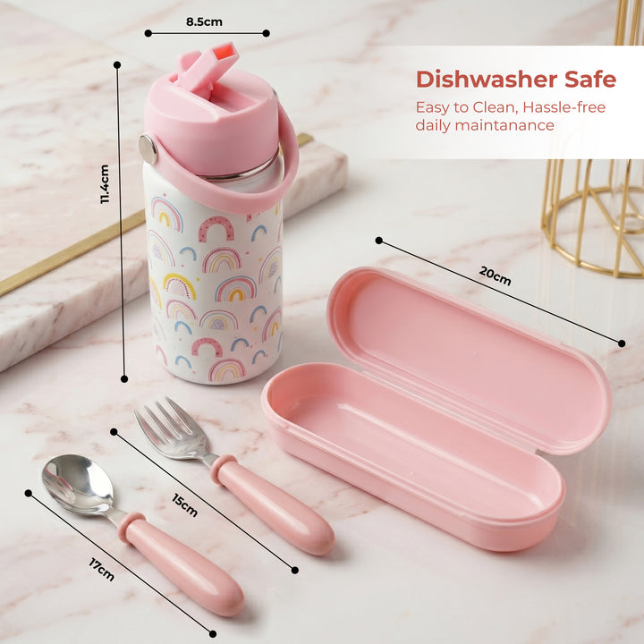 Beram Kids Office Lunch Combo Set Stainless Steel Thermal Water Bottle 500ml 4 Compartment Bento Lunch Box Kids Spoon Fork Cutlery Set BPA Free Leakproof
