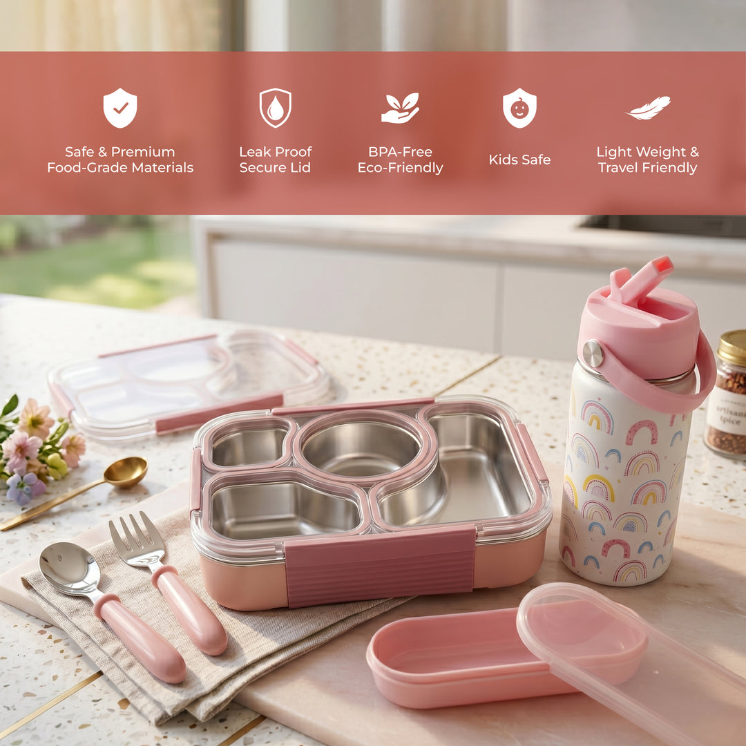 Beram Kids Office Lunch Combo Set Stainless Steel Thermal Water Bottle 500ml 4 Compartment Bento Lunch Box Kids Spoon Fork Cutlery Set BPA Free Leakproof
