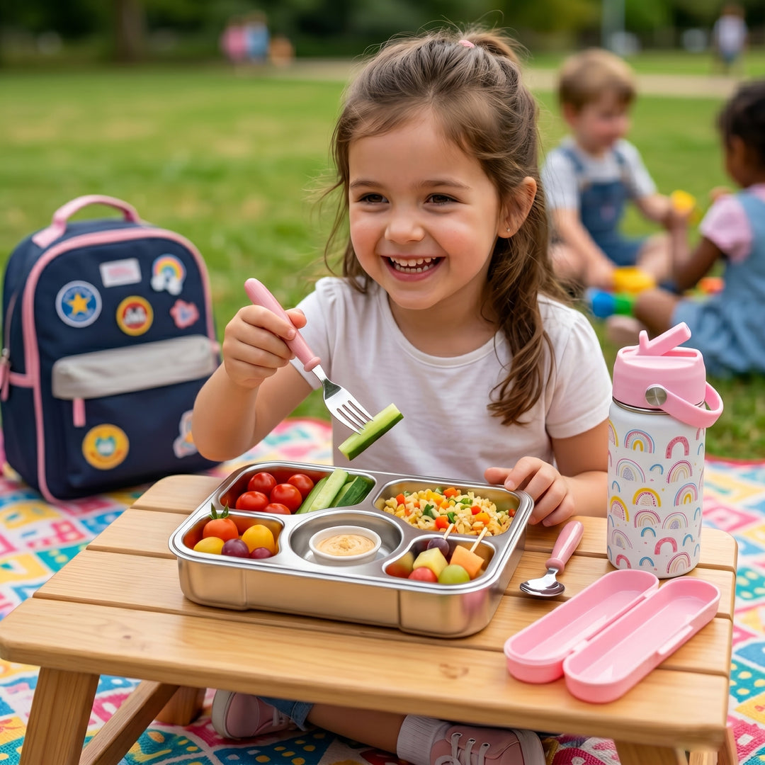 Beram Kids Office Lunch Combo Set Stainless Steel Thermal Water Bottle 500ml 4 Compartment Bento Lunch Box Kids Spoon Fork Cutlery Set BPA Free Leakproof