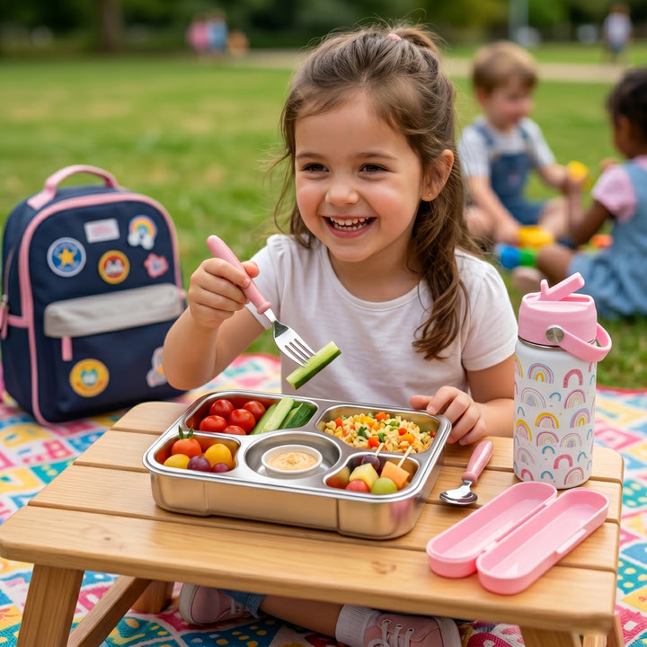 Beram Kids Office Lunch Combo Set Stainless Steel Thermal Water Bottle 500ml 4 Compartment Bento Lunch Box Kids Spoon Fork Cutlery Set BPA Free Leakproof