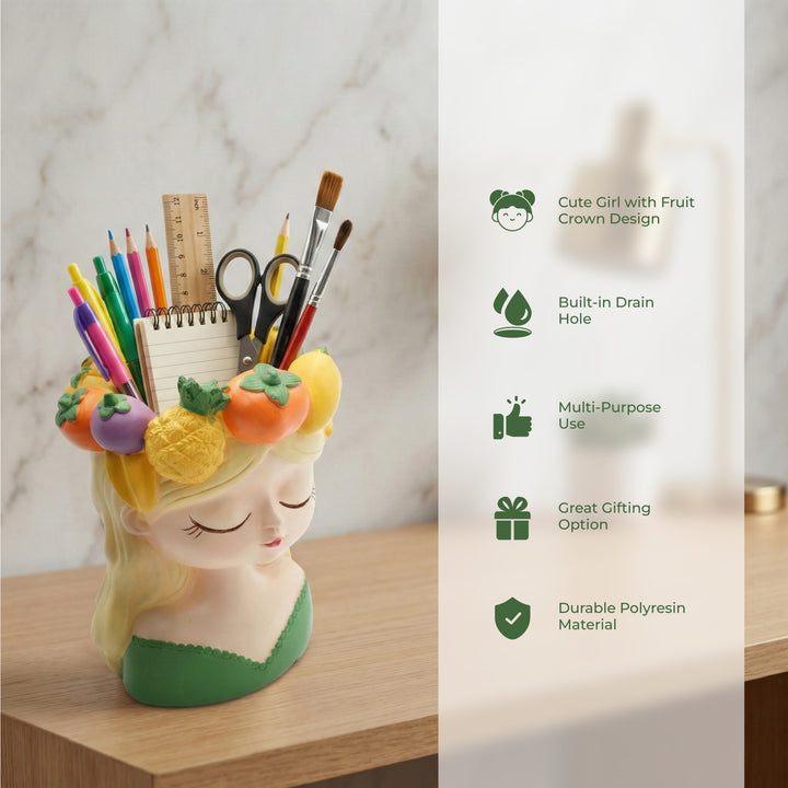 Fancy Girl with Fruit Crown Flower Pot 4 Pcs Set Red Green Pink Yellow Polyresin Decorative Planters for Succulents Indoor Outdoor Home Office Desk Décor Pen Pencil Holder Propagator Kit