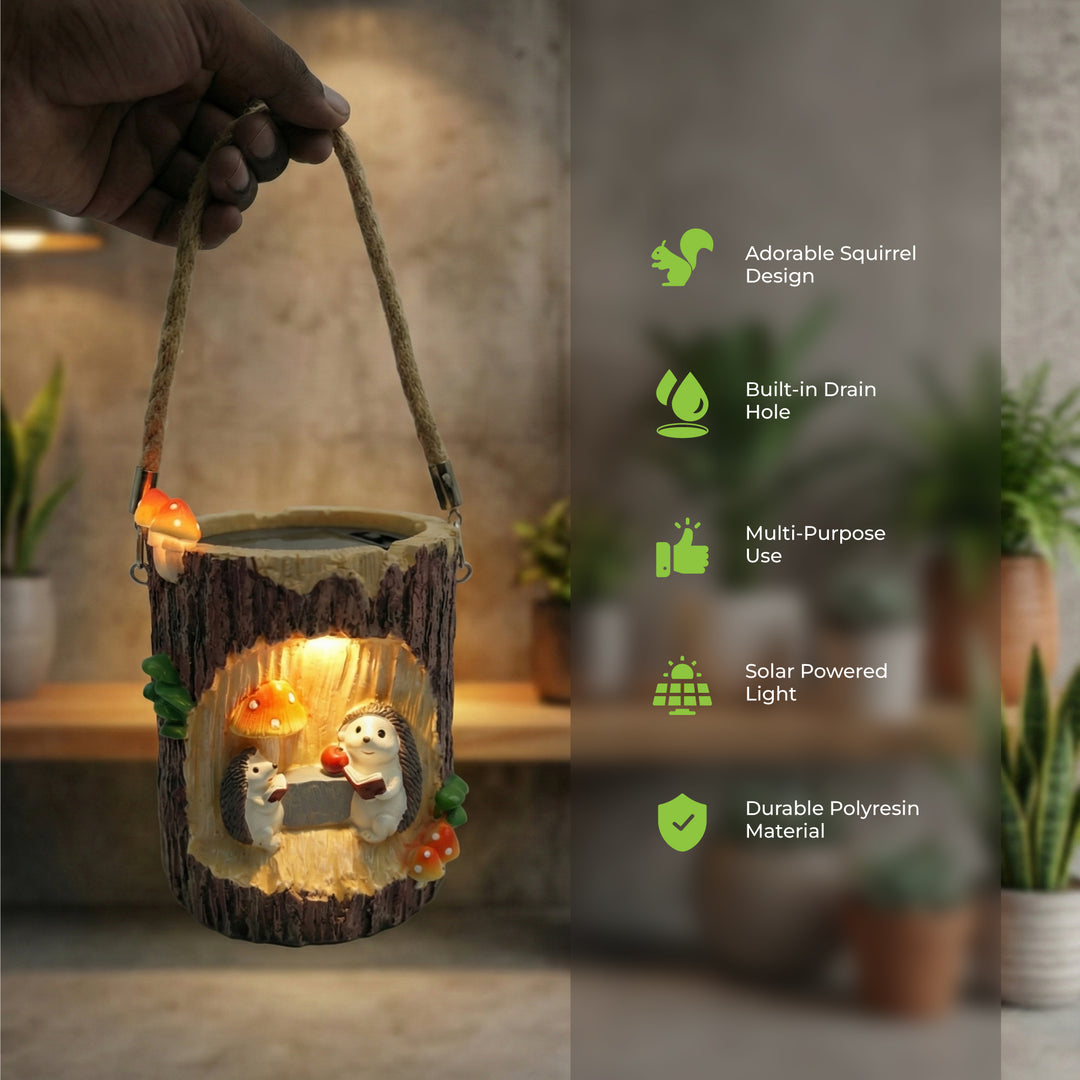 Woodland Solar Squirrel Planter with Automatic Light Cute Animal Succulent Pot Tree Trunk Flower Pot Indoor Outdoor Garden Decor Polyresin Plant Pot Pen Holder Gift Solar Decorative Propagator Kit