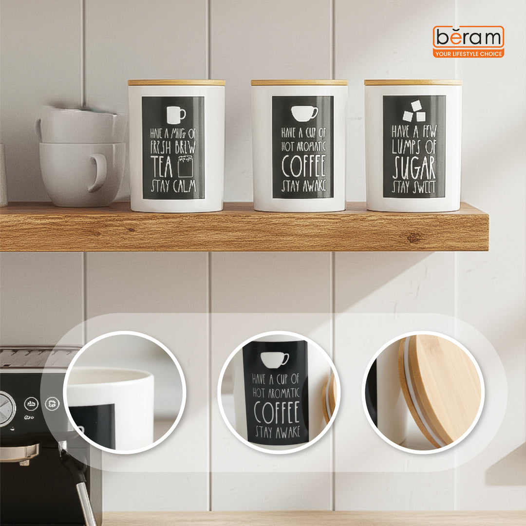 BERAM Metal Tea Coffee Sugar Container Set with Bamboo Lid Airtight Kitchen Storage Jars for Home and Kitchen Tea Box and Coffee Beans Container Set Modern Home Improvement Canisters