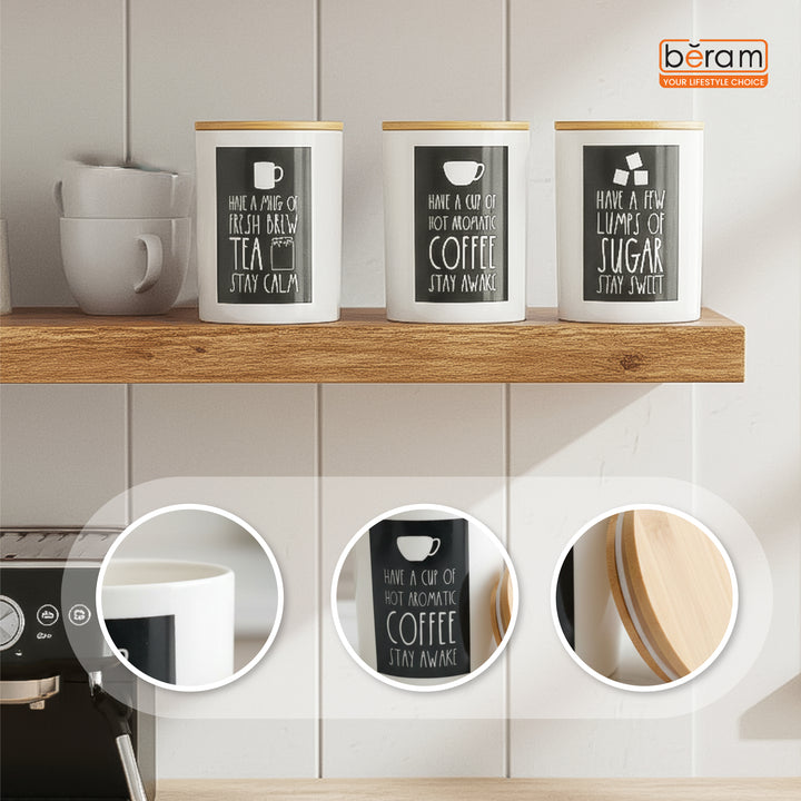 BERAM Metal Tea Coffee Sugar Container Set with Bamboo Lid Airtight Kitchen Storage Jars for Home and Kitchen Tea Box and Coffee Beans Container Set Modern Home Improvement Canisters