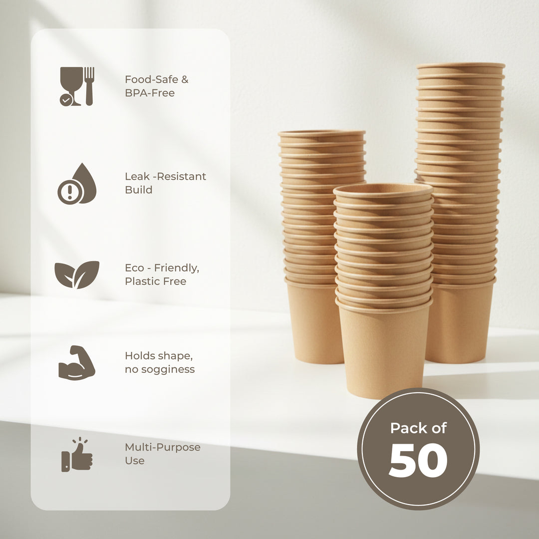 Earth Esssentials Disposable Paper Kraft Soup Cups Pack of 50 Heavy Duty Leakproof Soup Containers for Coffee Tea and Hot Drinks Eco Friendly BPA Free Disposable Bowls for Takeaway and Catering
