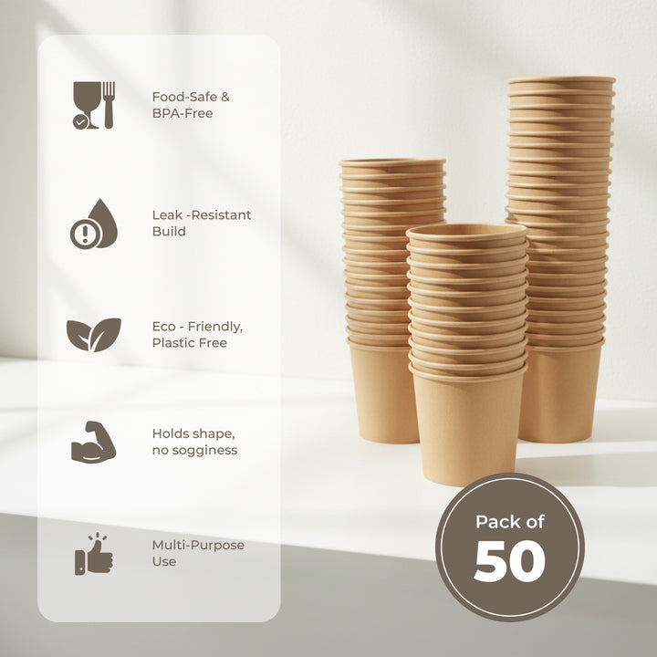 Earth Esssentials Disposable Paper Kraft Soup Cups Pack of 50 Heavy Duty Leakproof Soup Containers for Coffee Tea and Hot Drinks Eco Friendly BPA Free Disposable Bowls for Takeaway and Catering